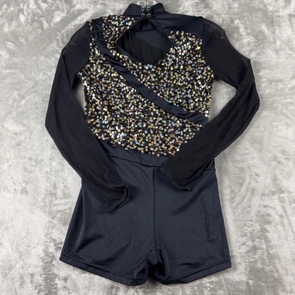A Wish Come True Unitard Girls L Sequin Mesh Long Sleeve Black Performance EUC